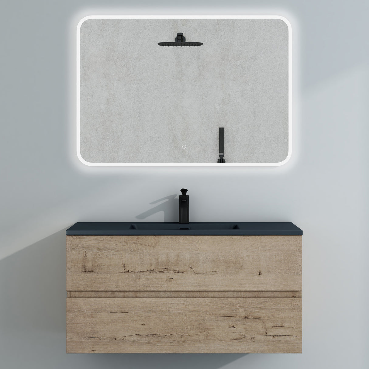 Ensemble de meubles de salle de bain Glasvilla, meuble sous-vasque avec meuble bas, vasque en fonte minérale anthracite, meuble bas pour vasque, 2 tiroirs, fermeture amortie Aqualis