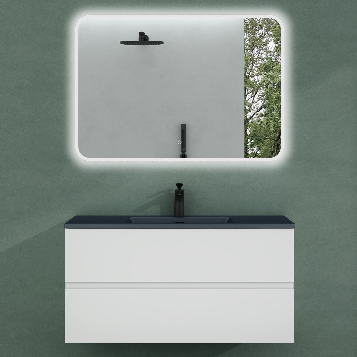 Ensemble de meubles de salle de bain Glasvilla, meuble sous-vasque avec meuble bas, vasque en fonte minérale anthracite, meuble bas pour vasque, 2 tiroirs, fermeture amortie Aqualis