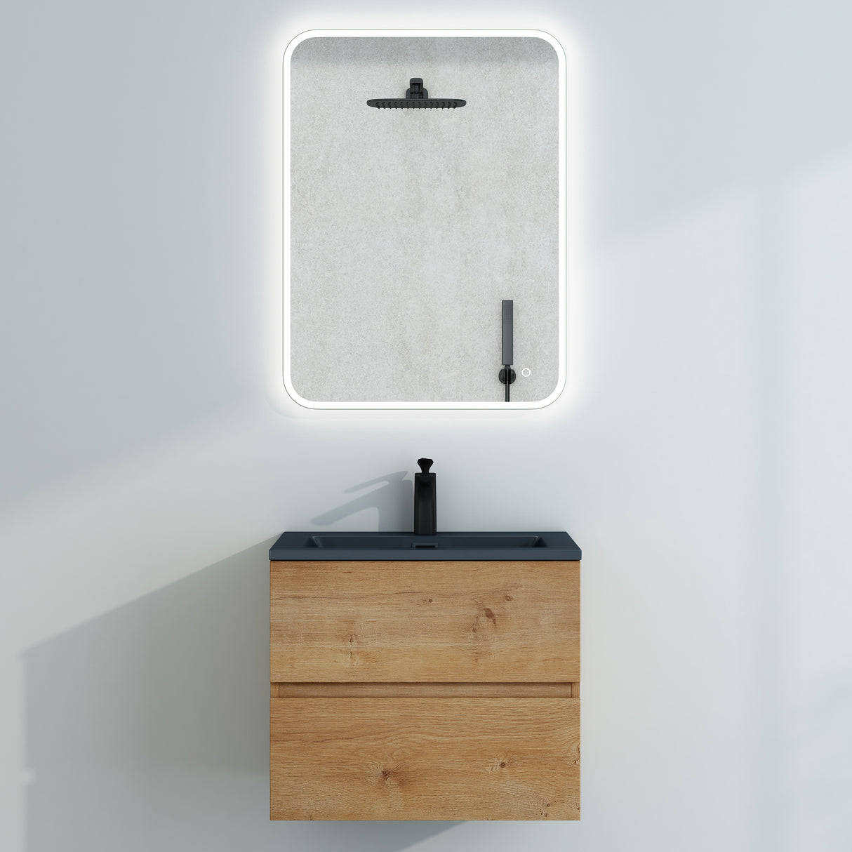 Ensemble de meubles de salle de bain Glasvilla, meuble sous-vasque avec meuble bas, vasque en fonte minérale anthracite, meuble bas pour vasque, 2 tiroirs, fermeture amortie Aqualis