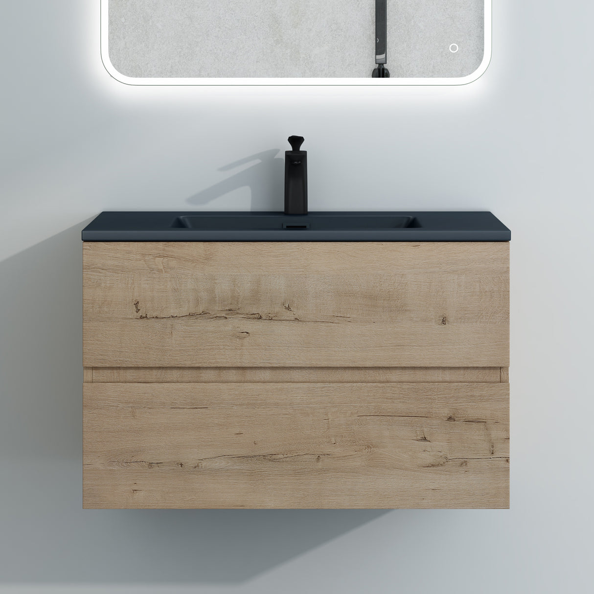 Ensemble de meubles de salle de bain Glasvilla, meuble sous-vasque avec meuble bas, vasque en fonte minérale anthracite, meuble bas pour vasque, 2 tiroirs, fermeture amortie Aqualis