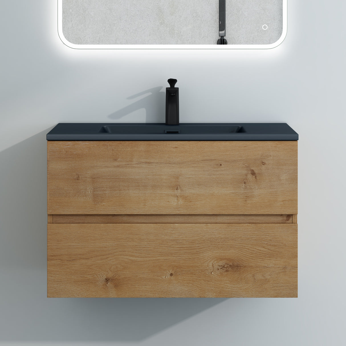 Ensemble de meubles de salle de bain Glasvilla, meuble sous-vasque avec meuble bas, vasque en fonte minérale anthracite, meuble bas pour vasque, 2 tiroirs, fermeture amortie Aqualis