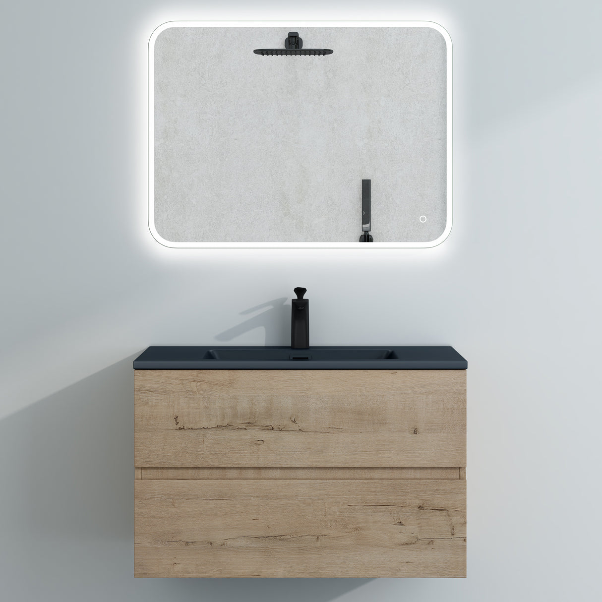 Ensemble de meubles de salle de bain Glasvilla, meuble sous-vasque avec meuble bas, vasque en fonte minérale anthracite, meuble bas pour vasque, 2 tiroirs, fermeture amortie Aqualis