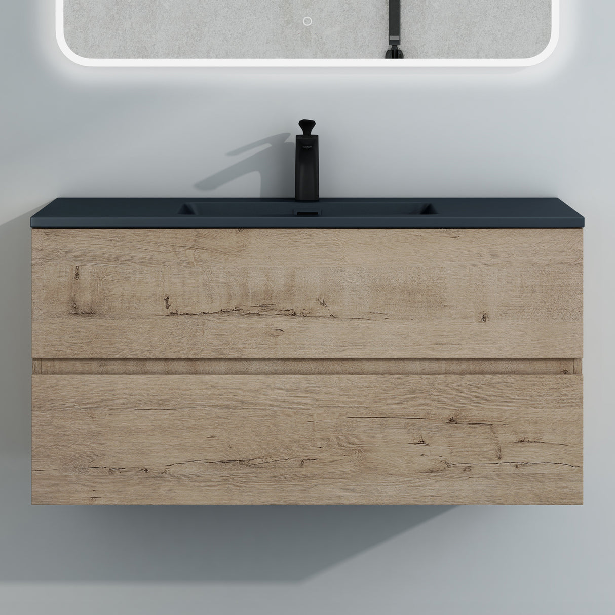 Ensemble de meubles de salle de bain Glasvilla, meuble sous-vasque avec meuble bas, vasque en fonte minérale anthracite, meuble bas pour vasque, 2 tiroirs, fermeture amortie Aqualis