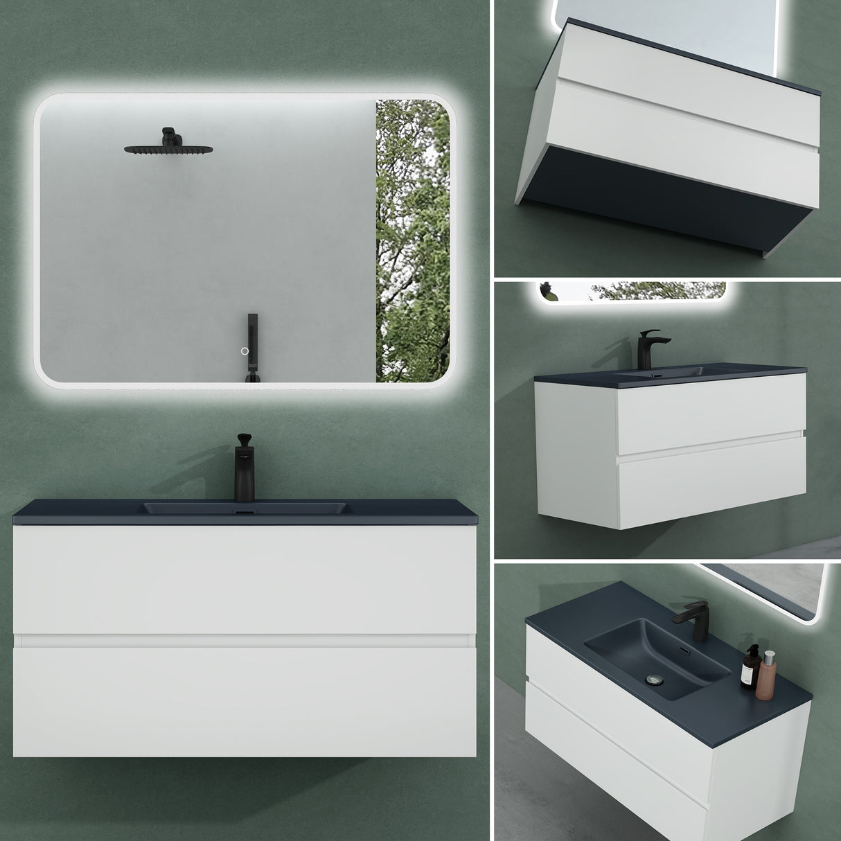 Ensemble de meubles de salle de bain Glasvilla, meuble sous-vasque avec meuble bas, vasque en fonte minérale anthracite, meuble bas pour vasque, 2 tiroirs, fermeture amortie Aqualis