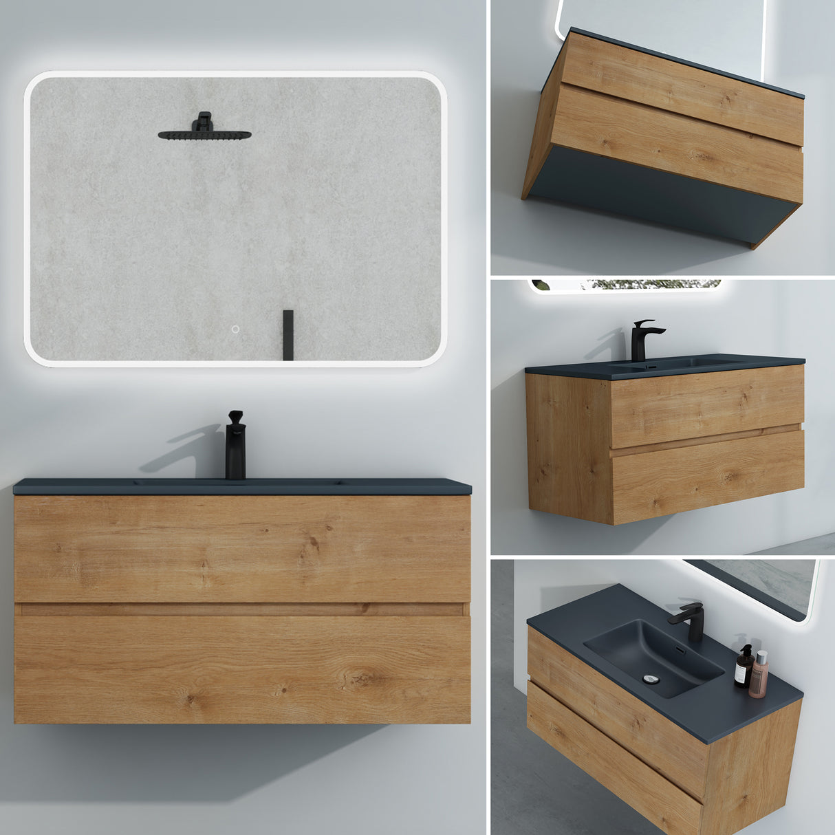 Ensemble de meubles de salle de bain Glasvilla, meuble sous-vasque avec meuble bas, vasque en fonte minérale anthracite, meuble bas pour vasque, 2 tiroirs, fermeture amortie Aqualis