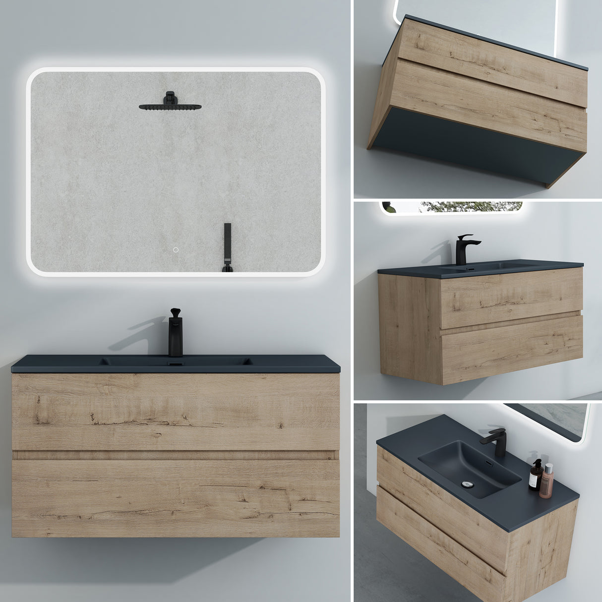 Ensemble de meubles de salle de bain Glasvilla, meuble sous-vasque avec meuble bas, vasque en fonte minérale anthracite, meuble bas pour vasque, 2 tiroirs, fermeture amortie Aqualis