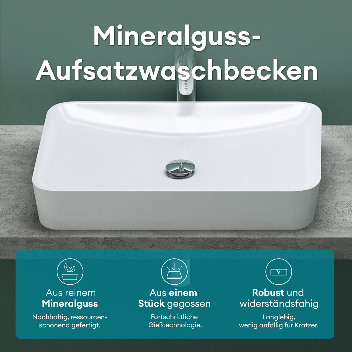 glasvilla Waschbecken Aufsatzwaschbecken aus Mineralguss Waschschale Waschtisch inkl. Standard DIN-Anschlüsse Col815