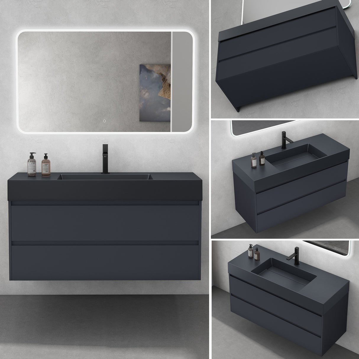 glasvilla Mobile Bagno Sospeso 120cm Mobiletto da Bagno con Lavabo da Marmo Fuso, Deep