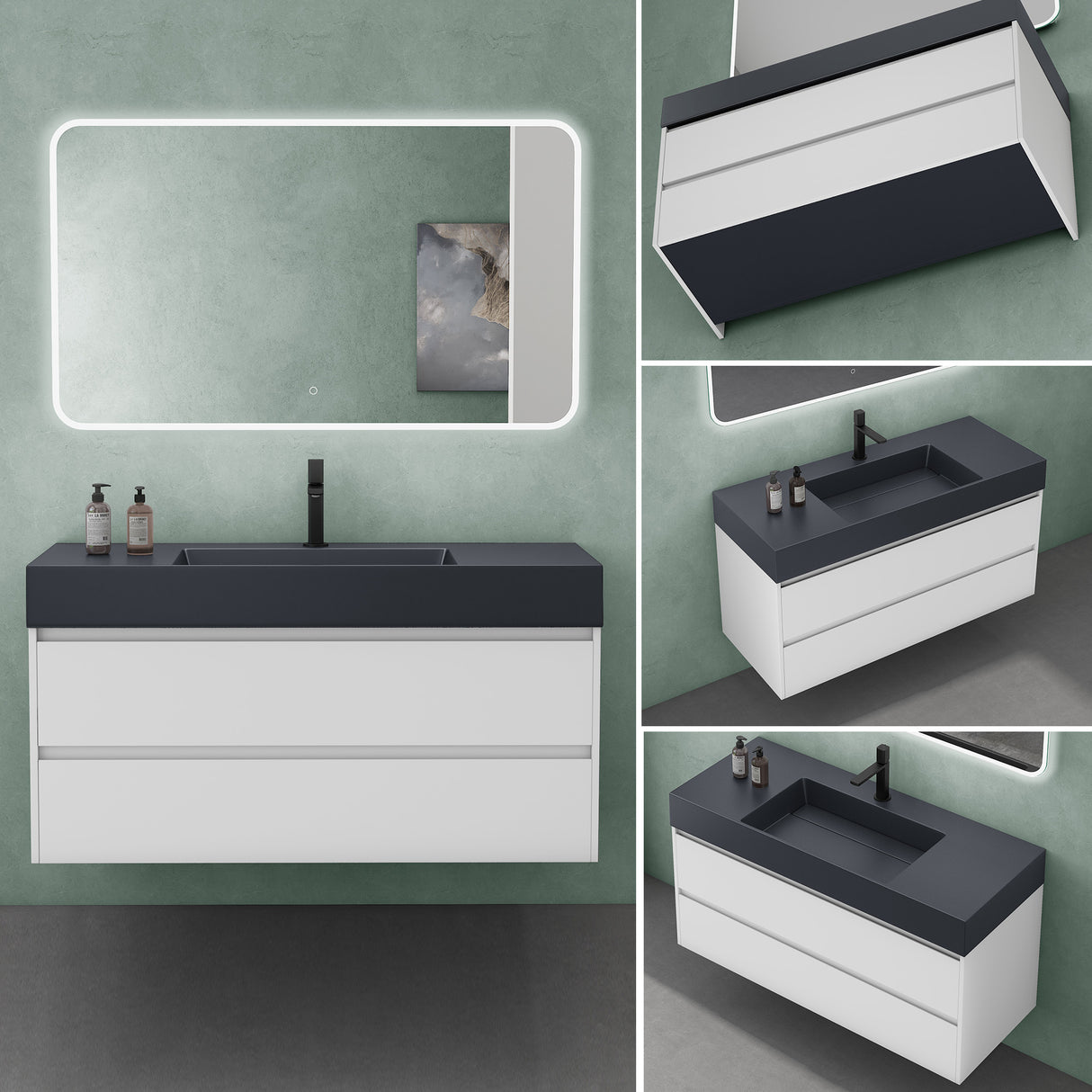 glasvilla Mobile Bagno Sospeso 120cm Mobiletto da Bagno con Lavabo da Marmo Fuso, Deep