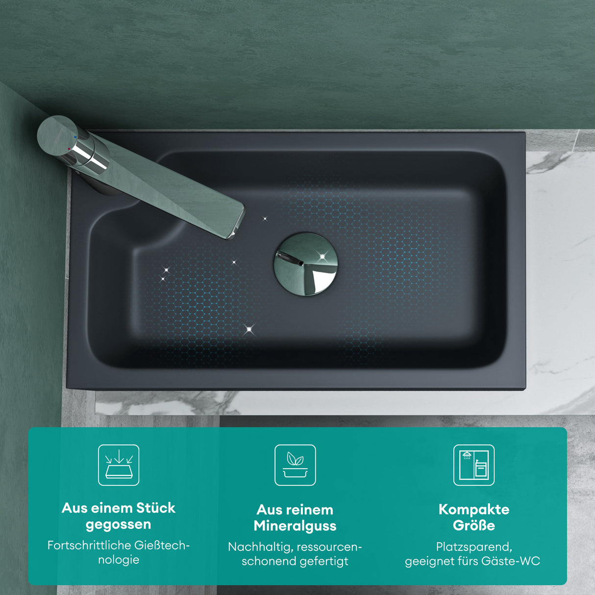 Vasque à poser Glasvilla, WC invités, vasque à poser avec trou pour robinet, 46 x 26 x 11 cm, petite vasque carrée en fonte minérale, zone de lavage Colossum101