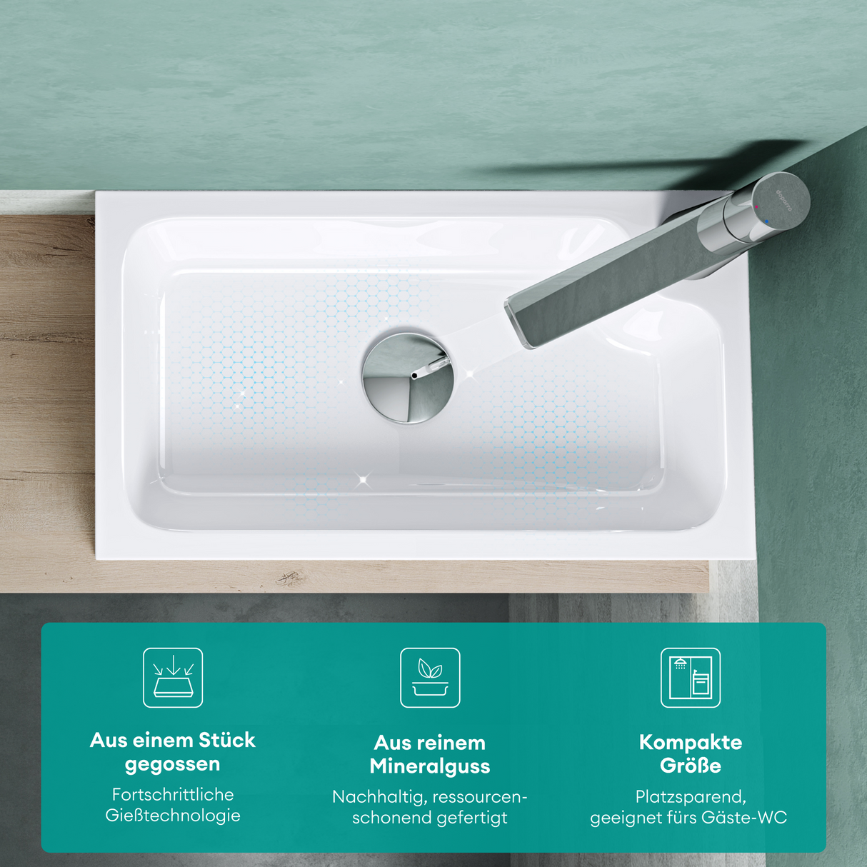 Vasque à poser Glasvilla, WC invités, vasque à poser avec trou pour robinet, 46 x 26 x 11 cm, petite vasque carrée en fonte minérale, zone de lavage Colossum101