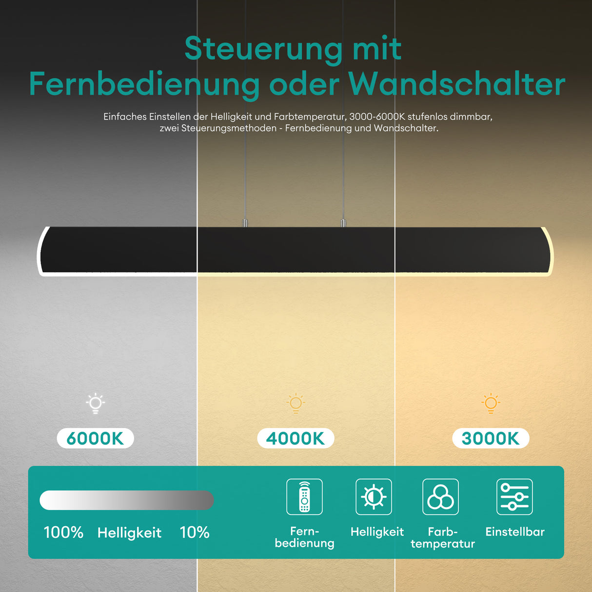 glasvilla Pendelleuchte 100cm LED Hängelampe Dimmbar mit Fernbedienung 3000K/4000K/6000K Verstellbares Kabel 20W Hängeleuchte für Esszimmer Wohnzimmer Schlafzimmer