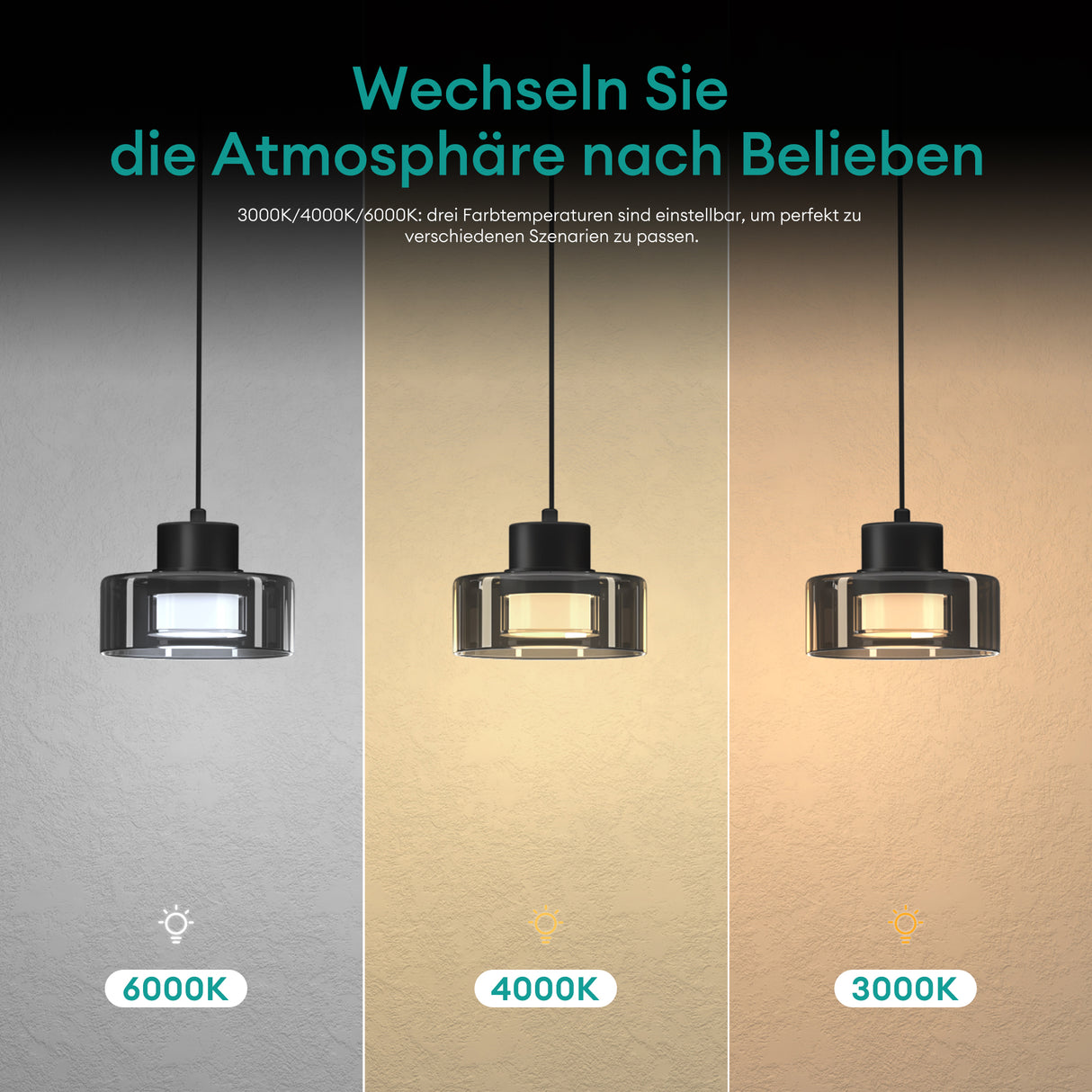 Suspension LED Glasvilla, lampe suspendue, 3000K/4000K/6000K, câble réglable, noir, idéale pour salle à manger, salon ou chambre.