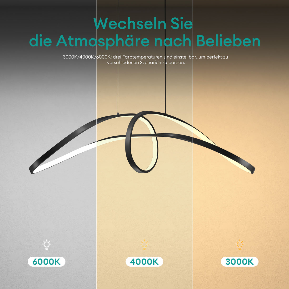 glasvilla Lampadario a Sospensione 30W, 90CM, Lampada da Soffitto a Sospensione Temperature di Colore 3000K/4000K/6000K con Cavo Regolabile per Sala da Pranzo Camera da Letto e Soggiorno