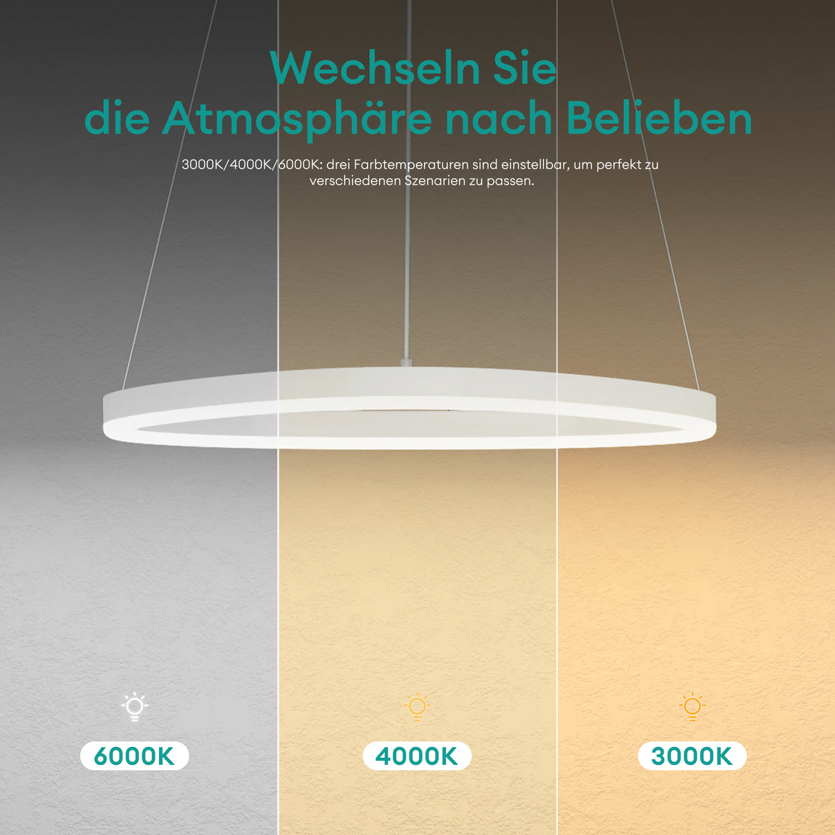 glasvilla Pendelleuchte 50cm LED Hängelampe Dynamisches Wellendesign 3000K/4000K/6000K Verstellbares Kabel 16W Hängeleuchte für Esszimmer Wohnzimmer Schlafzimmer
