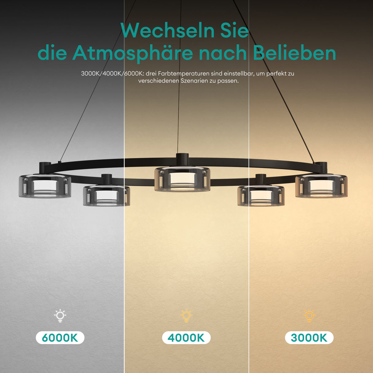 Suspension LED Glasvilla, lampe suspendue, 3000K/4000K/6000K, câble réglable, noir, idéale pour salle à manger, salon ou chambre.