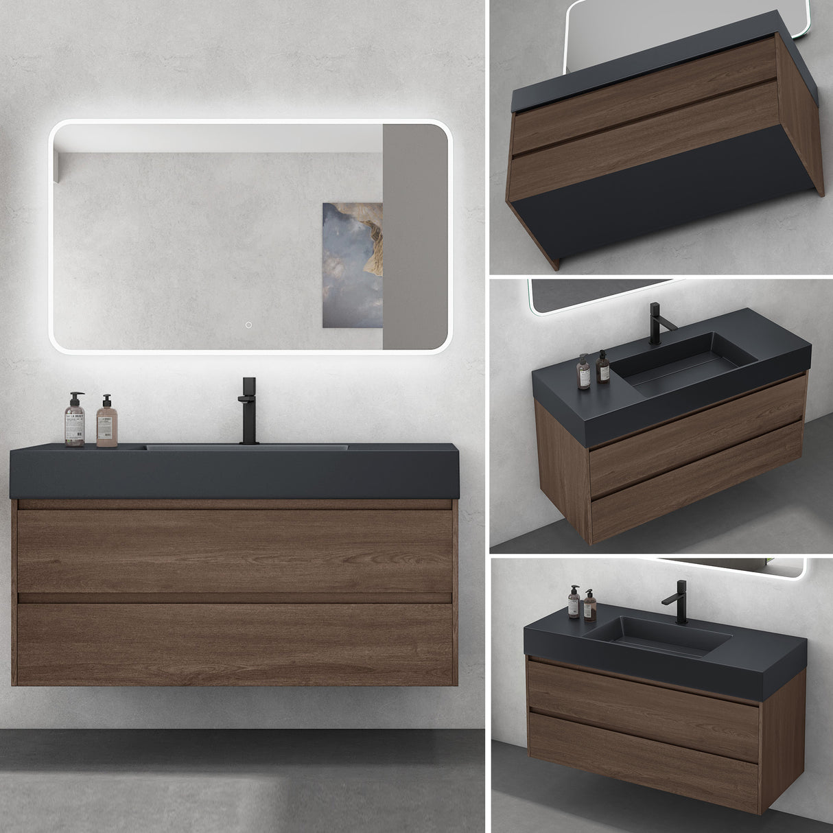 glasvilla Mobile Bagno Sospeso 120cm Mobiletto da Bagno con Lavabo da Marmo Fuso, Deep