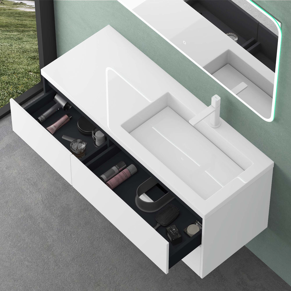 glasvilla Mobile Bagno Sospeso 120cm, Mobile da Bagno con 4 Cassetti a Chiusura Soft-Close e Lavabo da Marmo fuso, Moment