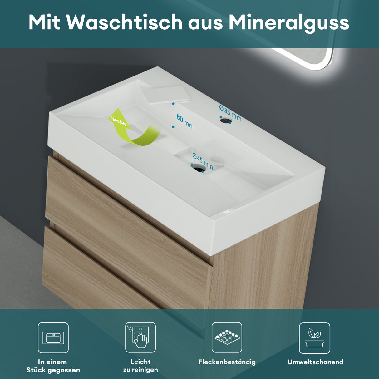 glasvilla Mobile Bagno Sospeso con 2 Cassetti Include Lavabo Mobile da Bagno con Lavabo Verona