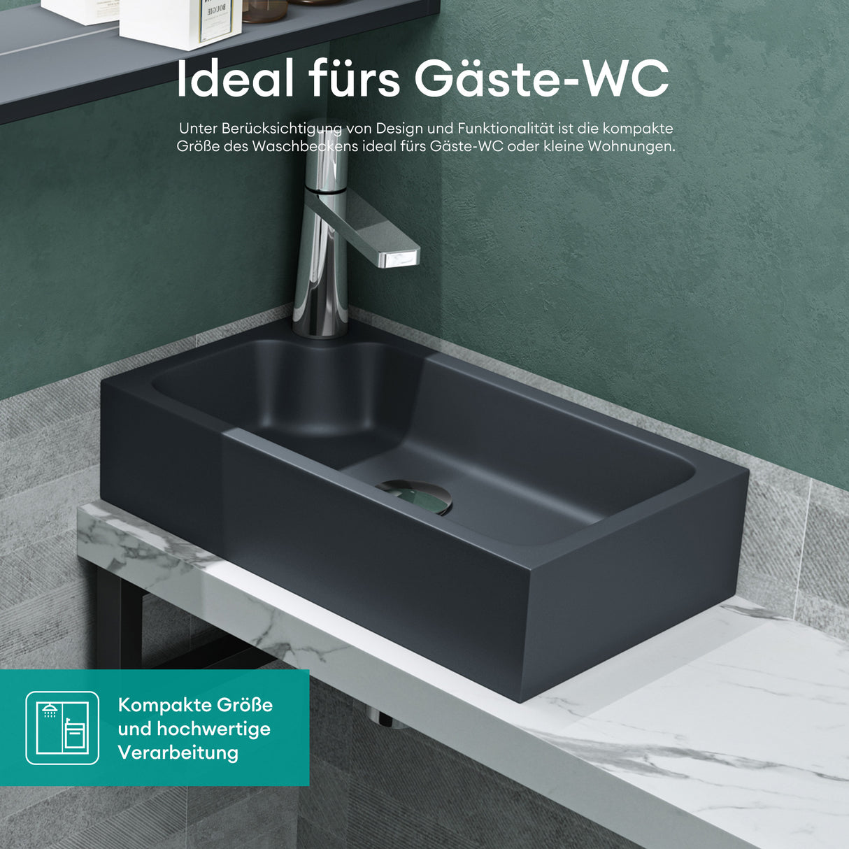 Vasque à poser Glasvilla, WC invités, vasque à poser avec trou pour robinet, 46 x 26 x 11 cm, petite vasque carrée en fonte minérale, zone de lavage Colossum101