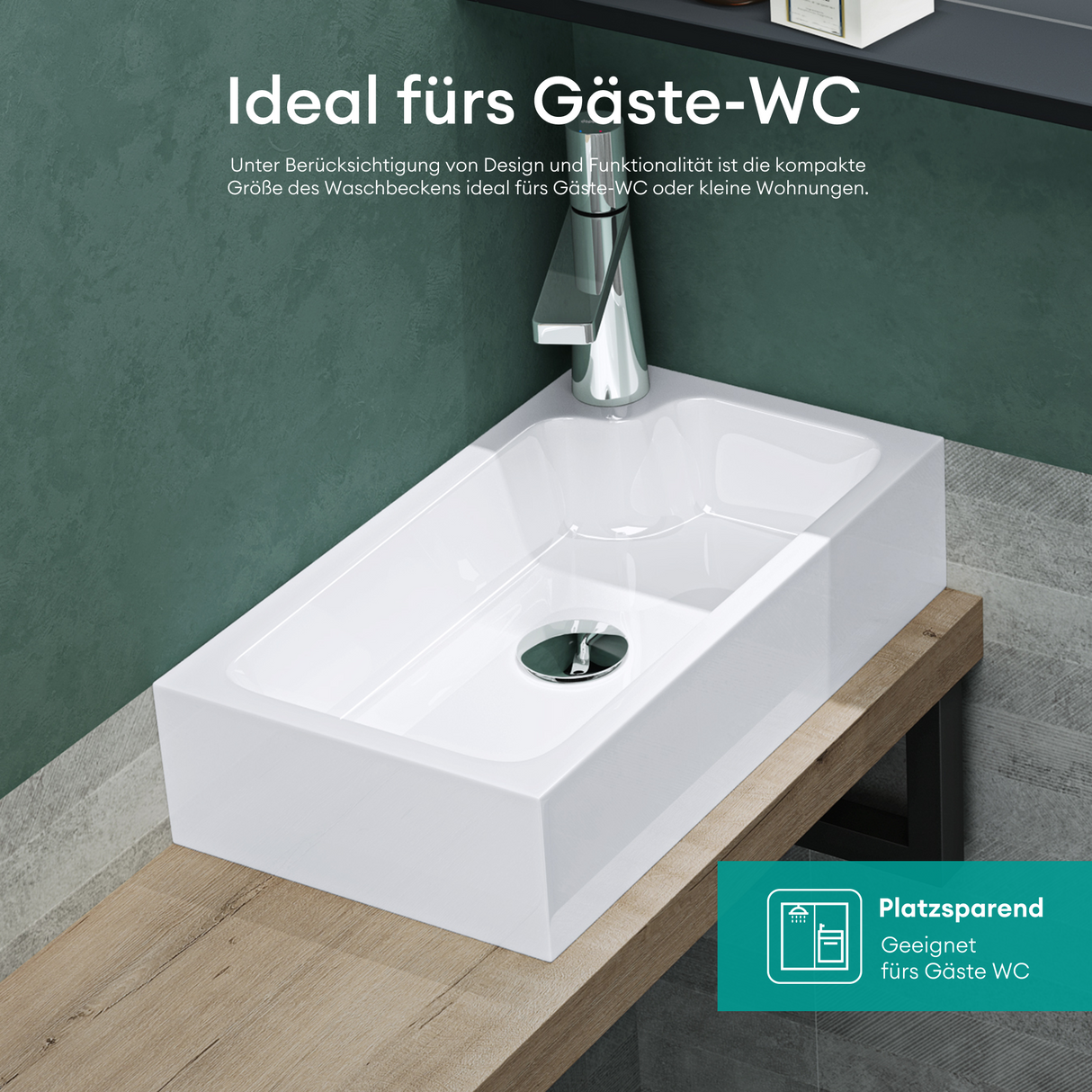 Vasque à poser Glasvilla, WC invités, vasque à poser avec trou pour robinet, 46 x 26 x 11 cm, petite vasque carrée en fonte minérale, zone de lavage Colossum101