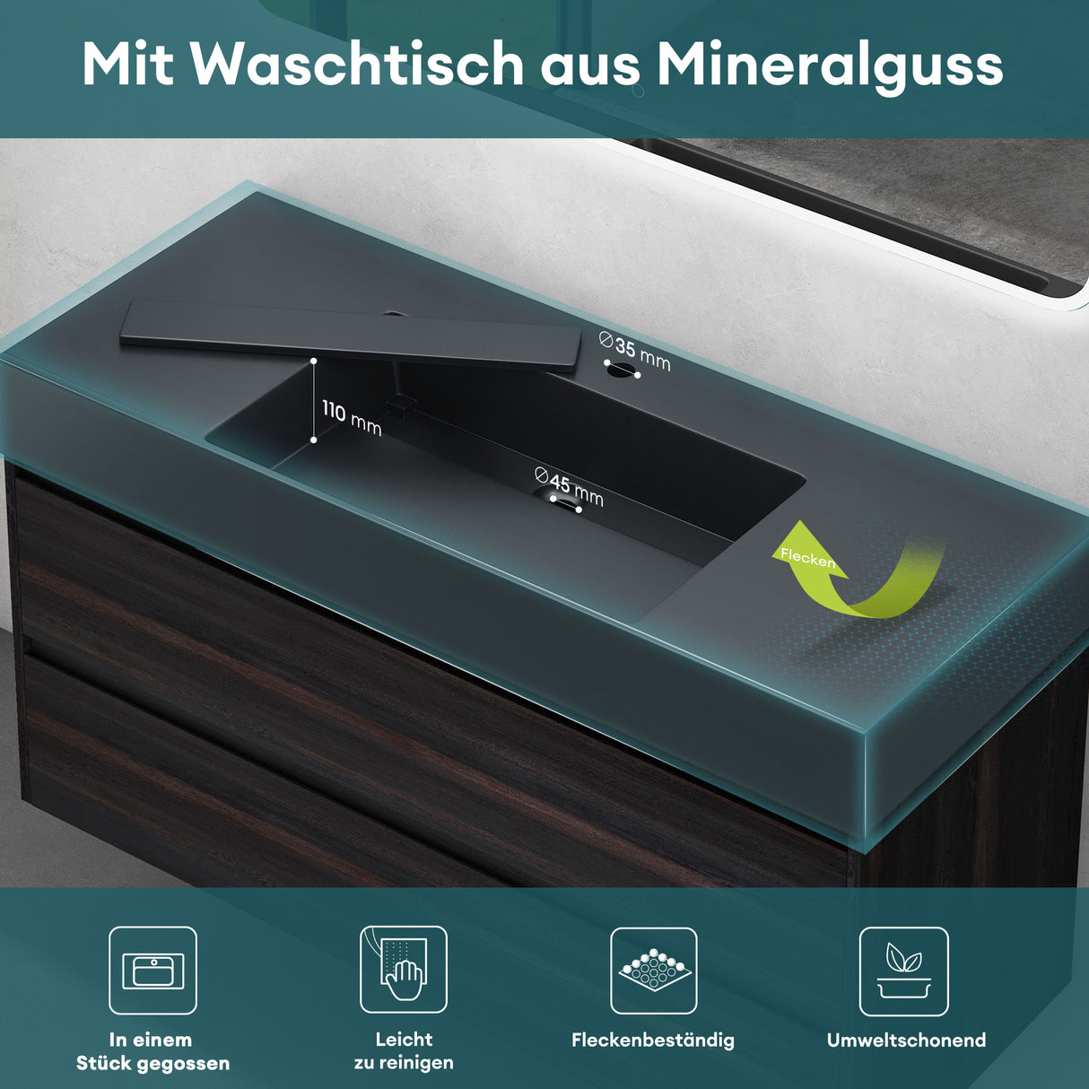 glasvilla Mobile Bagno Sospeso 120cm Mobiletto da Bagno con Lavabo da Marmo Fuso, Deep