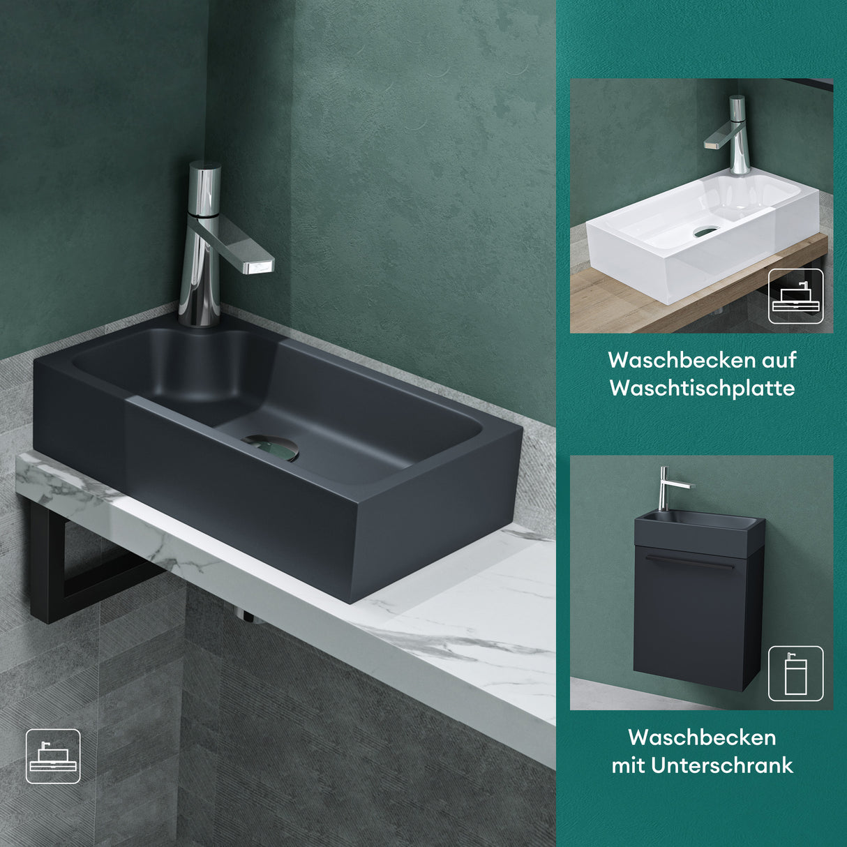 Vasque à poser Glasvilla, WC invités, vasque à poser avec trou pour robinet, 46 x 26 x 11 cm, petite vasque carrée en fonte minérale, zone de lavage Colossum101