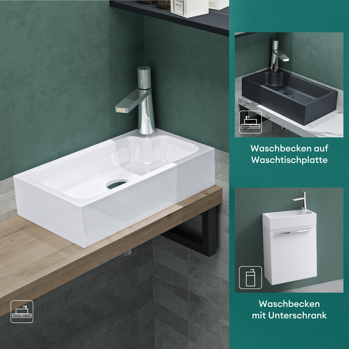 Vasque à poser Glasvilla, WC invités, vasque à poser avec trou pour robinet, 46 x 26 x 11 cm, petite vasque carrée en fonte minérale, zone de lavage Colossum101