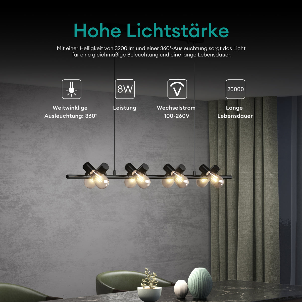 glasvilla Pendelleuchte 120cm LED Hängelampe 8 Flammig 4000K Verstellbares Kabel E27 Schwarz Hängeleuchte Alivetta2313