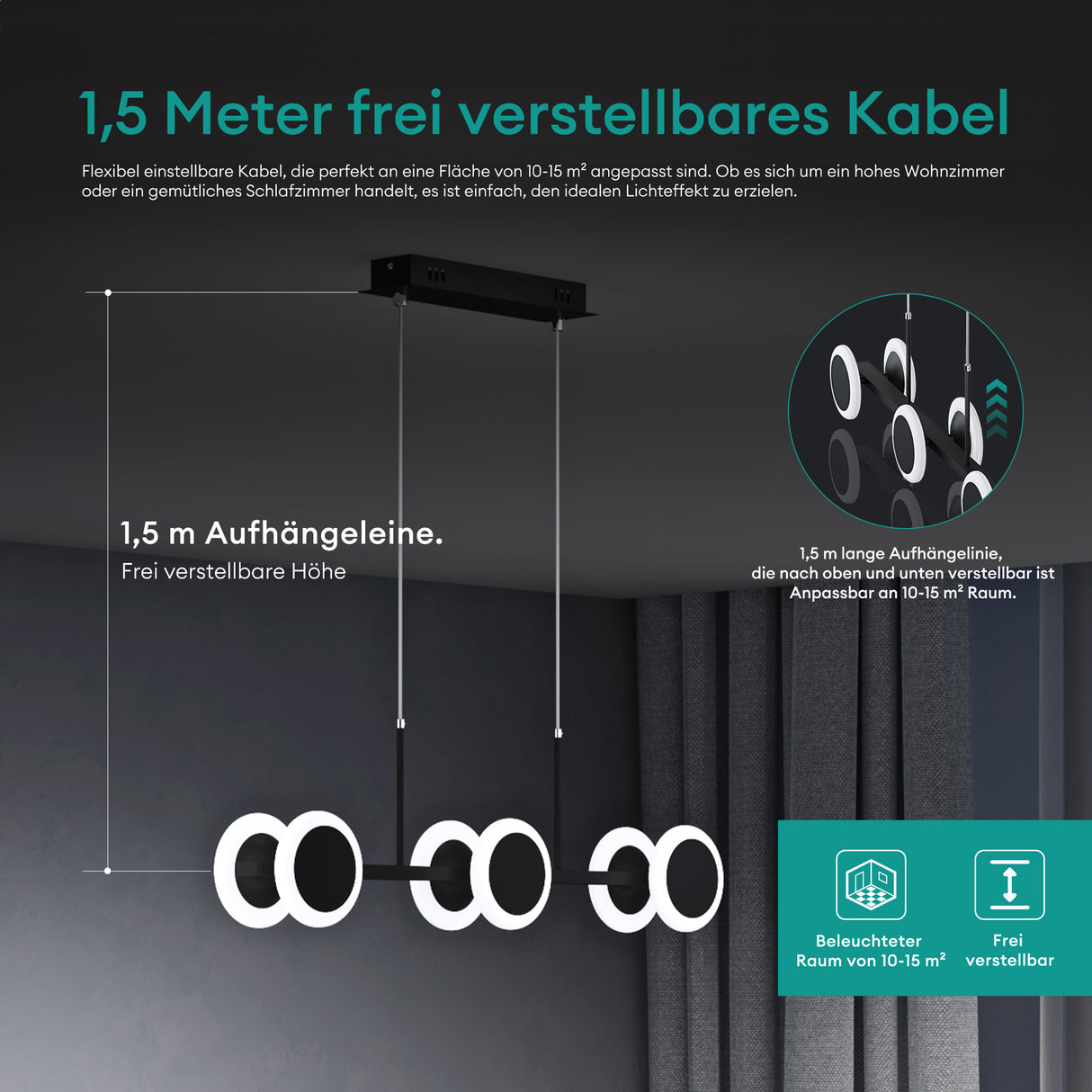 glasvilla Pendelleuchte 70cm LED Hängelampe Dimmbar mit Fernbedienung 3000K/4000K/6000K Verstellbares Kabel 24W matt Schwarz Hängeleuchte für Esszimmer Wohnzimmer Schlafzimmer