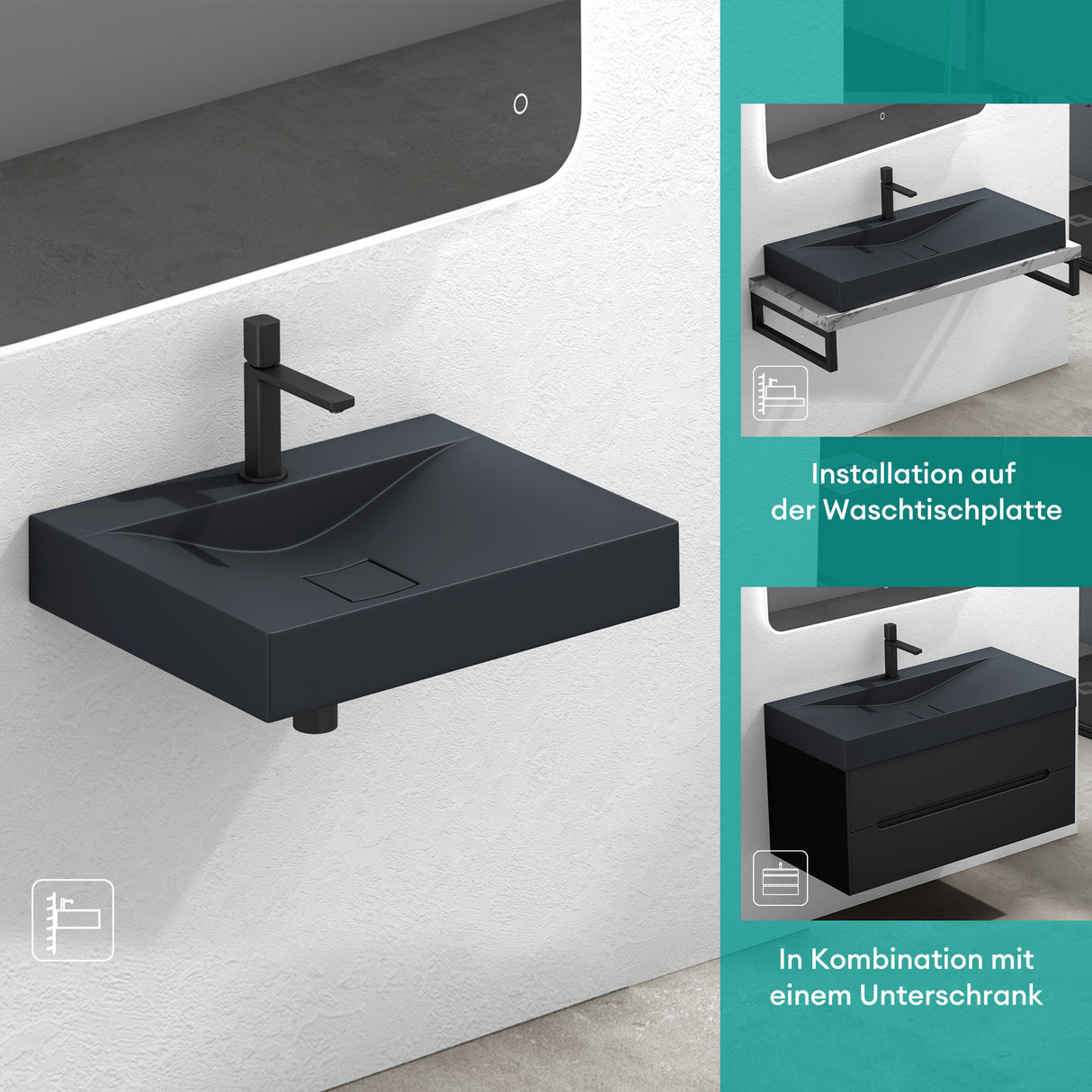 glasvilla Waschbecken Hängewaschtisch Aufsatzwaschschale aus Mineralguss Col810