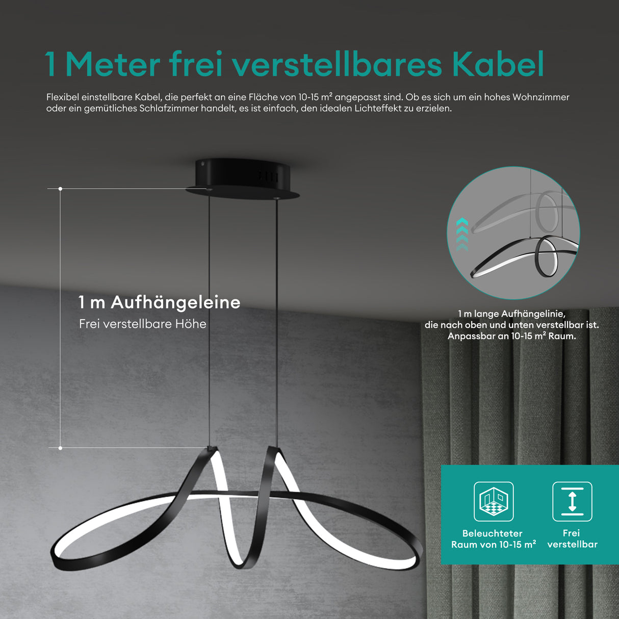 glasvilla Pendelleuchte 90cm LED Hängelampe Dynamisches Wellendesign 3000K/4000K/6000K Verstellbares Kabel 30W Schwarz Hängeleuchte für Esszimmer Wohnzimmer Schlafzimmer