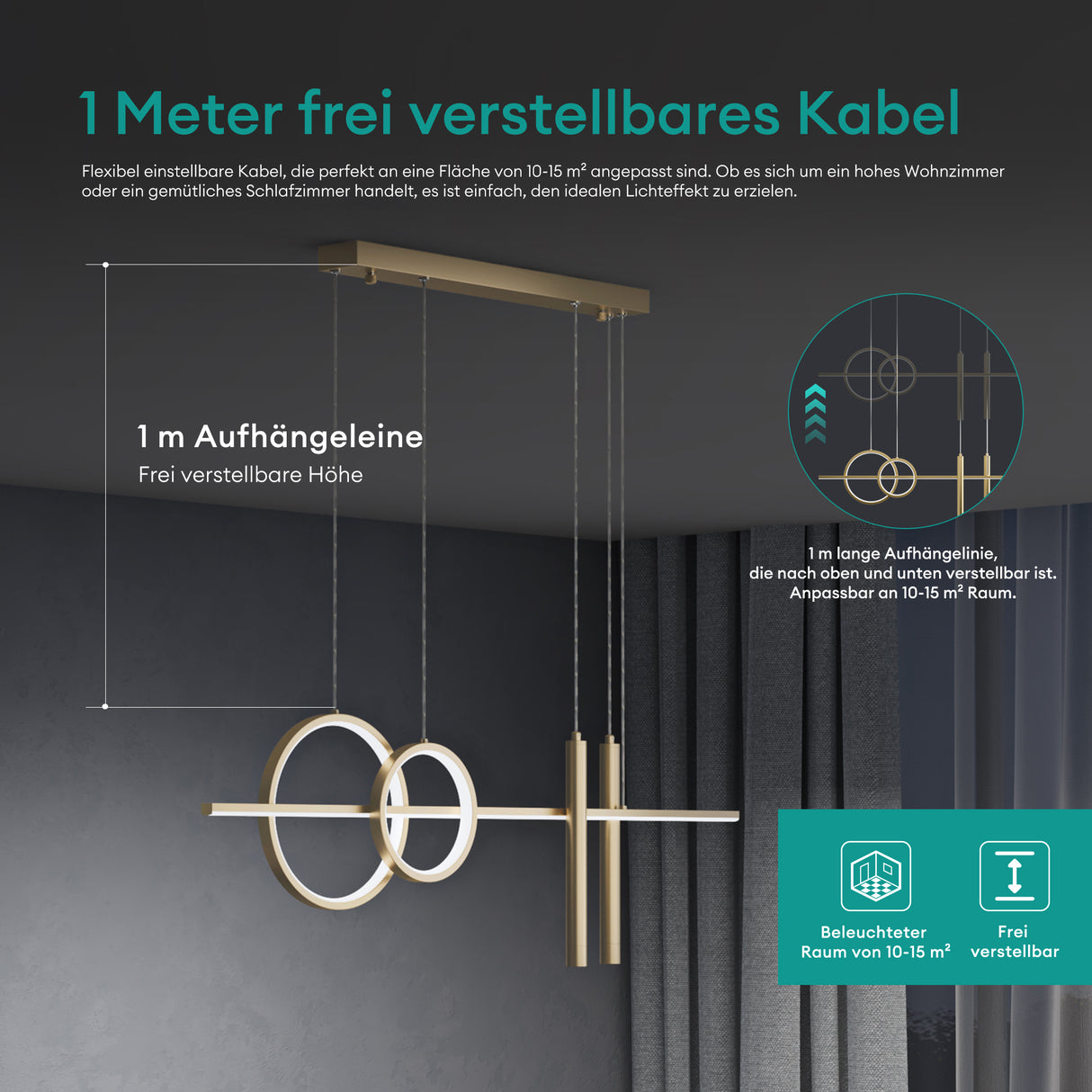 glasvilla Lampadario a Sospensione 38W, 100CM, Lampada da Soffitto a Sospensione 3000K/4000K/6000K con Cavo Regolabile per Camera da Letto e Soggiorno