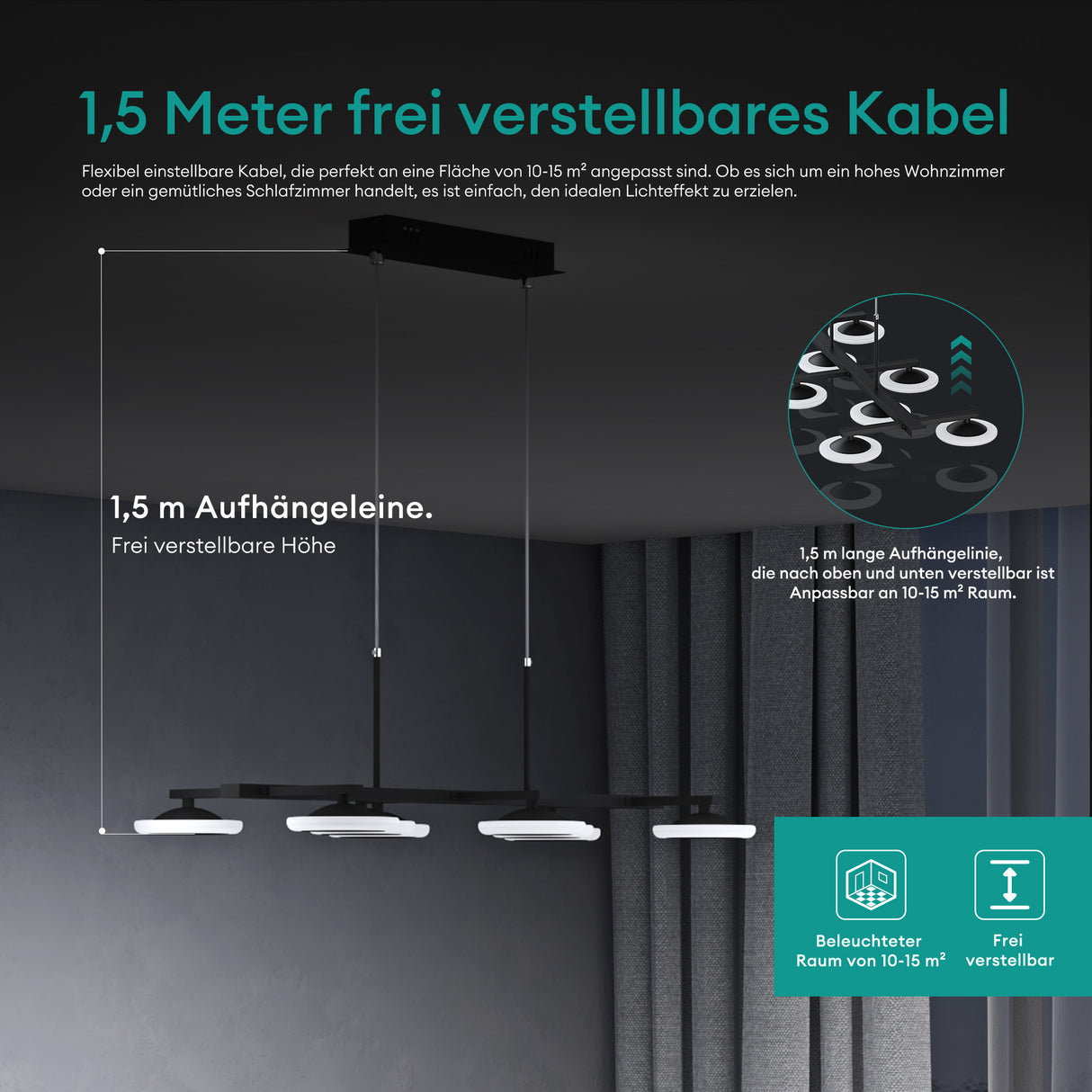 glasvilla Pendelleuchte 72cm LED Hängelampe Dimmbar mit Fernbedienung 3000K/4000K/6000K Verstellbares Kabel 32W matt Schwarz Hängeleuchte für Esszimmer Wohnzimmer Schlafzimmer