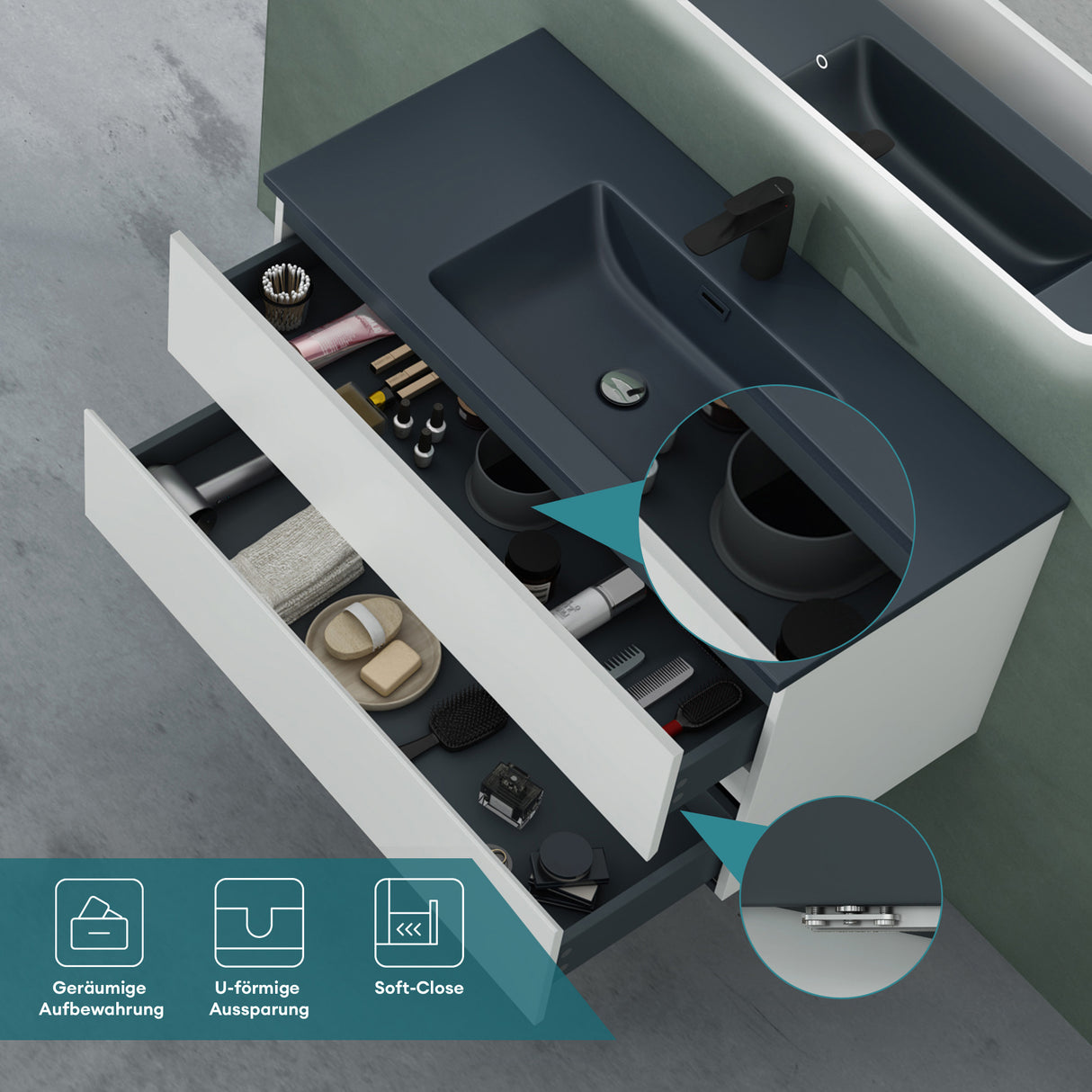 Ensemble de meubles de salle de bain Glasvilla, meuble sous-vasque avec meuble bas, vasque en fonte minérale anthracite, meuble bas pour vasque, 2 tiroirs, fermeture amortie Aqualis