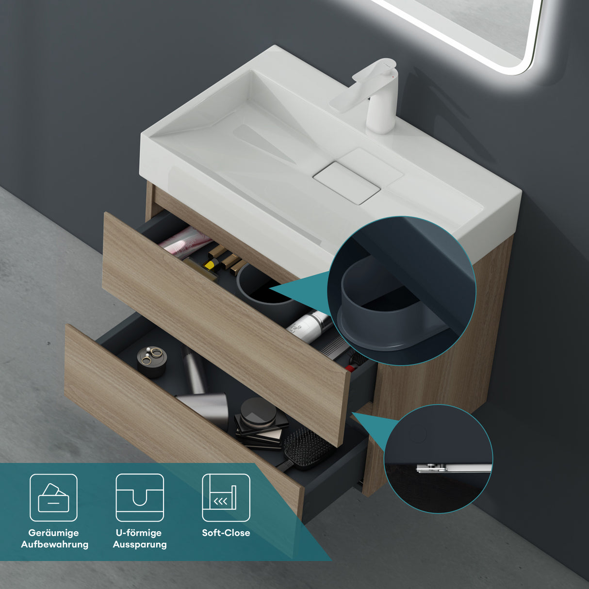 glasvilla Mobile Bagno Sospeso con 2 Cassetti Include Lavabo Mobile da Bagno con Lavabo Verona