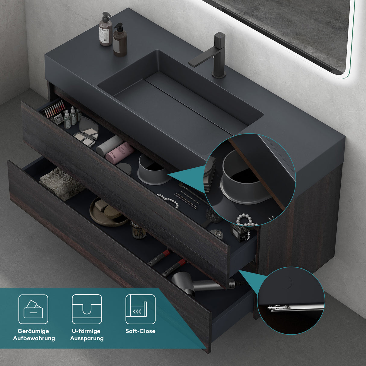 glasvilla Mobile Bagno Sospeso 120cm Mobiletto da Bagno con Lavabo da Marmo Fuso, Deep