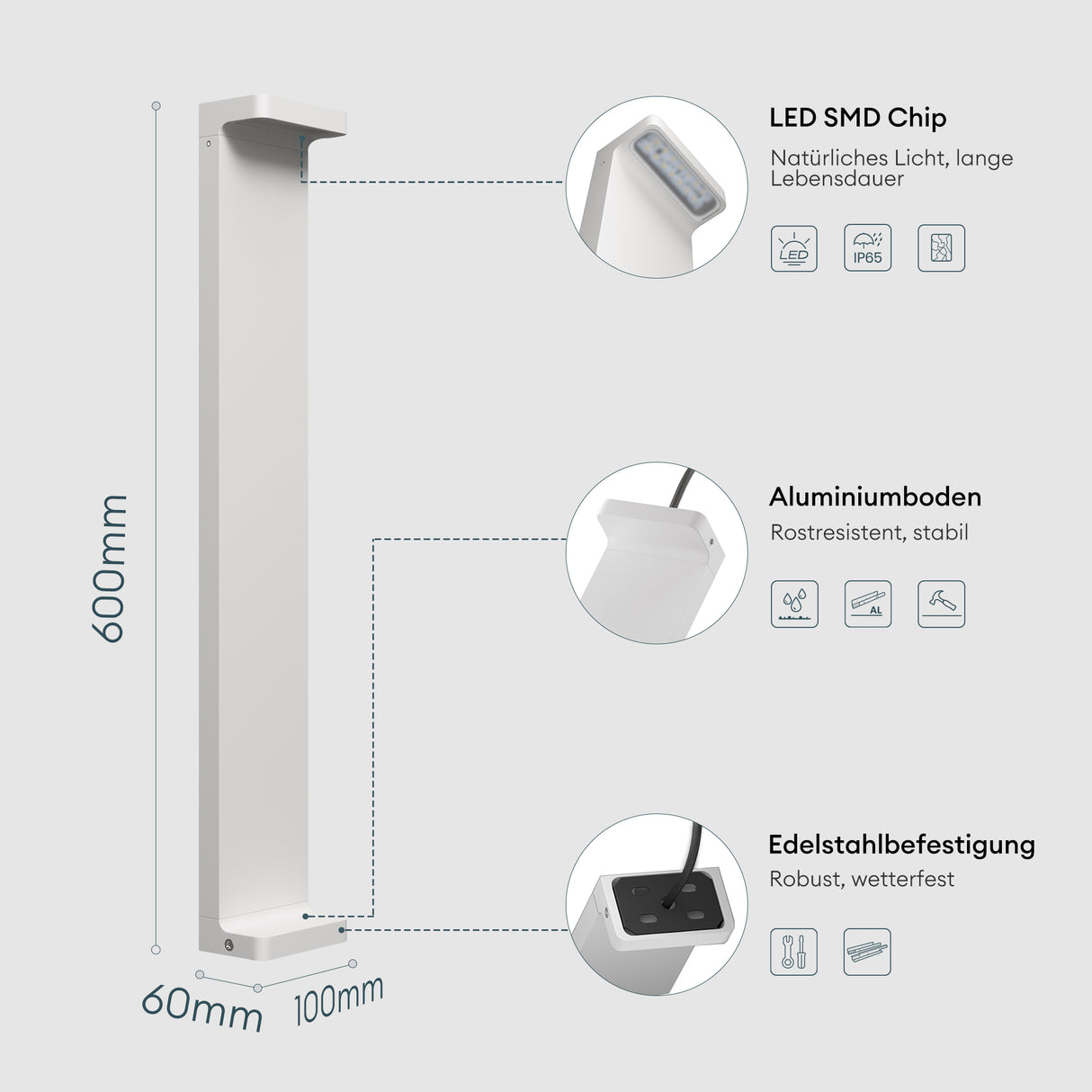 Lampe d'extérieur glasvilla 10x6x60cm IP65 éclairage de chemin extérieur | Borne lumineuse pour jardin, lampadaire 3000K, lampe de jardin | Lampadaire d'extérieur 6W LumaTorch