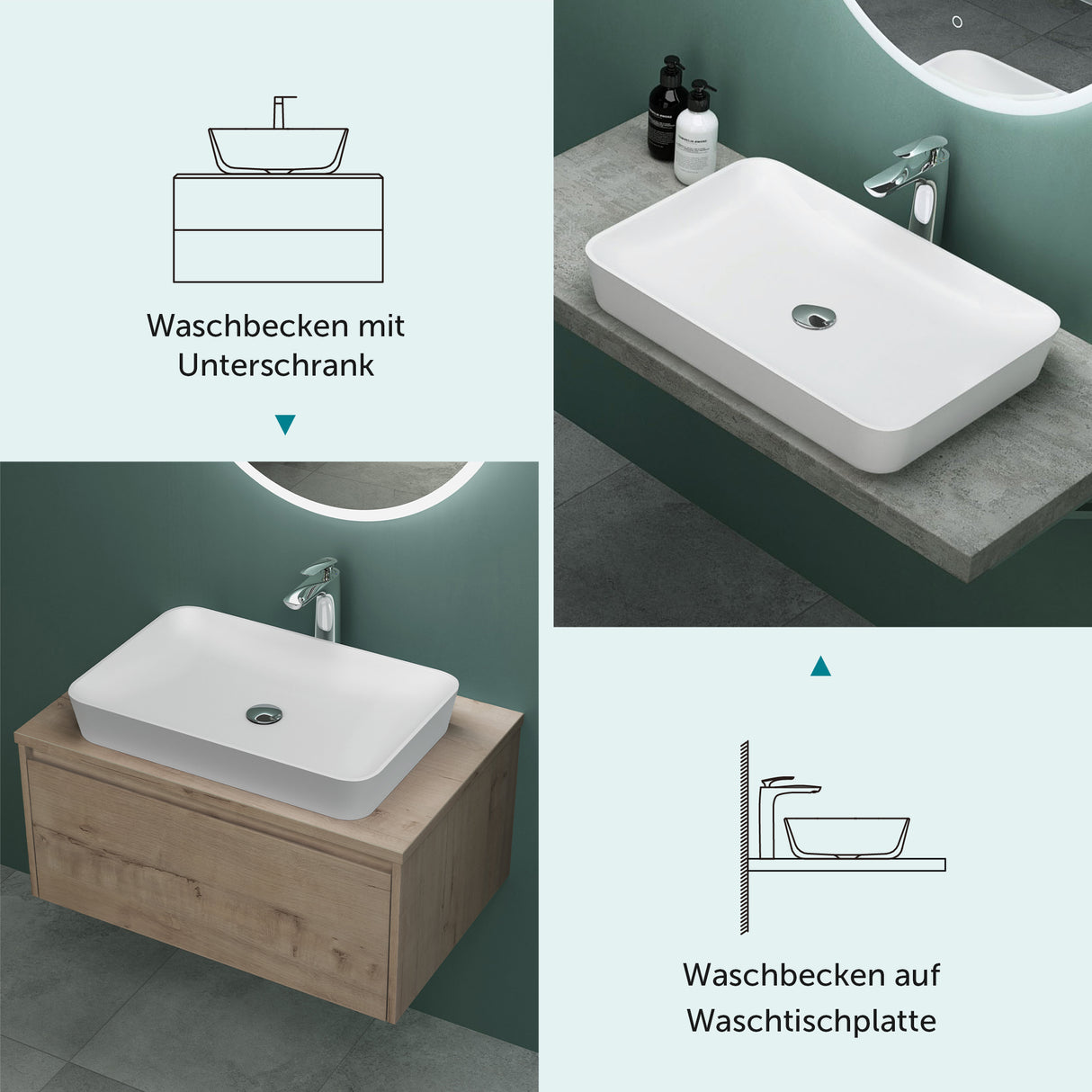 glasvilla Waschbecken Aufsatzwaschbecken aus Mineralguss Waschschale Waschtisch inkl. Standard DIN-Anschlüsse Col815