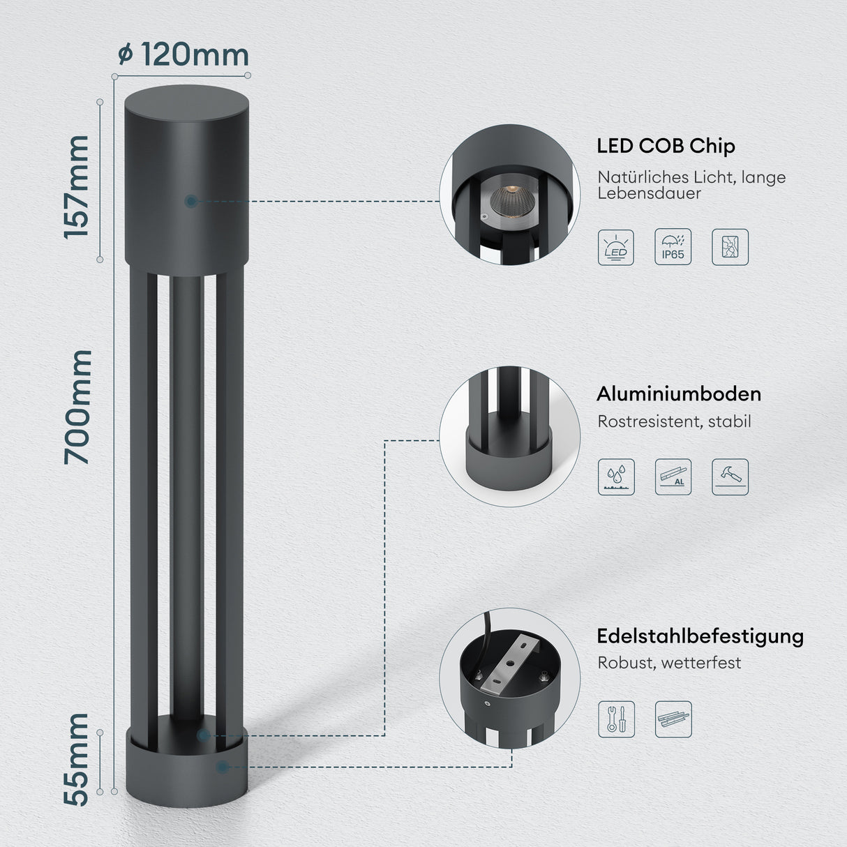 Luminaire extérieur glasvilla ⌀120xH700mm IP65 éclairage de chemin extérieur | Borne lumineuse pour jardin, lampadaire 3000K, lampe de jardin | Lampadaire d'extérieur 10W NeoForge