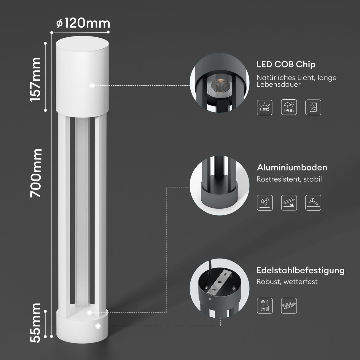 Luminaire extérieur glasvilla ⌀120xH700mm IP65 éclairage de chemin extérieur | Borne lumineuse pour jardin, lampadaire 3000K, lampe de jardin | Lampadaire d'extérieur 10W NeoForge