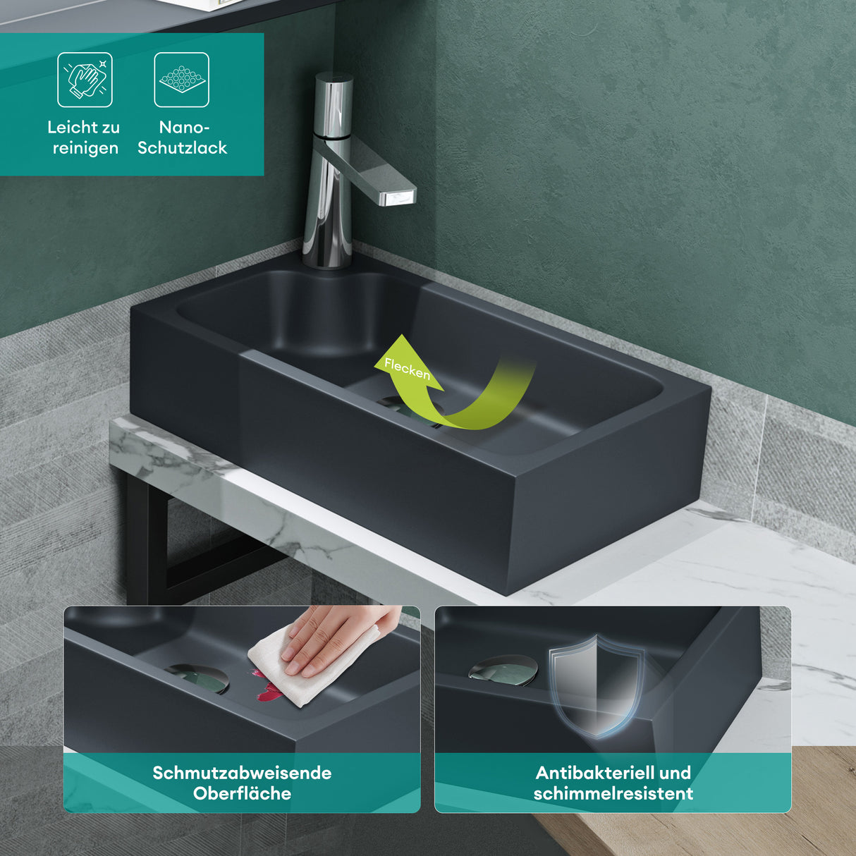 Vasque à poser Glasvilla, WC invités, vasque à poser avec trou pour robinet, 46 x 26 x 11 cm, petite vasque carrée en fonte minérale, zone de lavage Colossum101