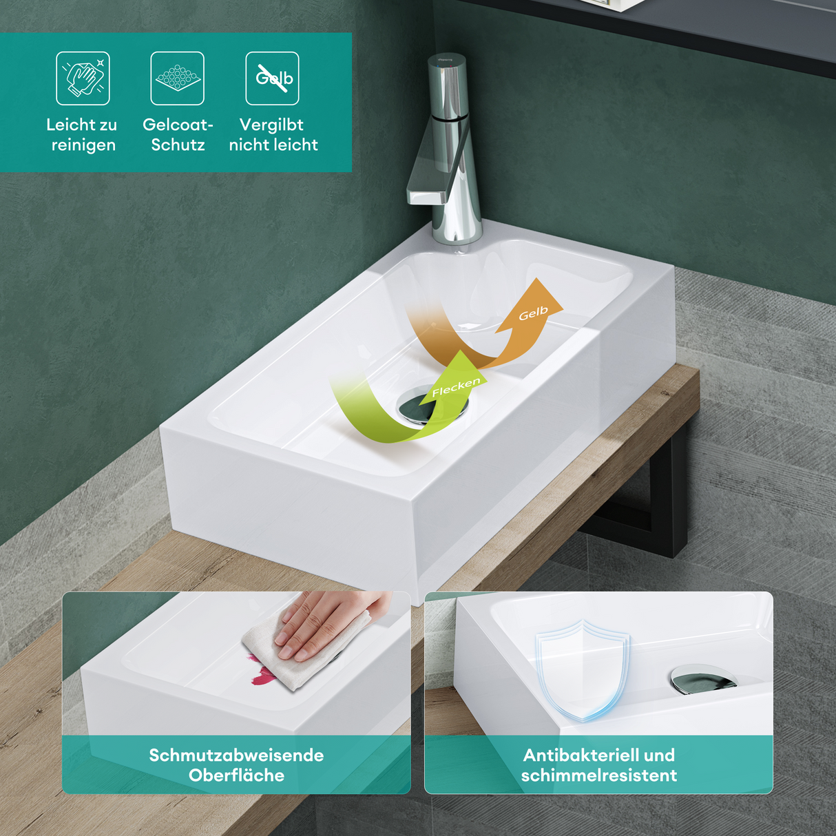 Vasque à poser Glasvilla, WC invités, vasque à poser avec trou pour robinet, 46 x 26 x 11 cm, petite vasque carrée en fonte minérale, zone de lavage Colossum101