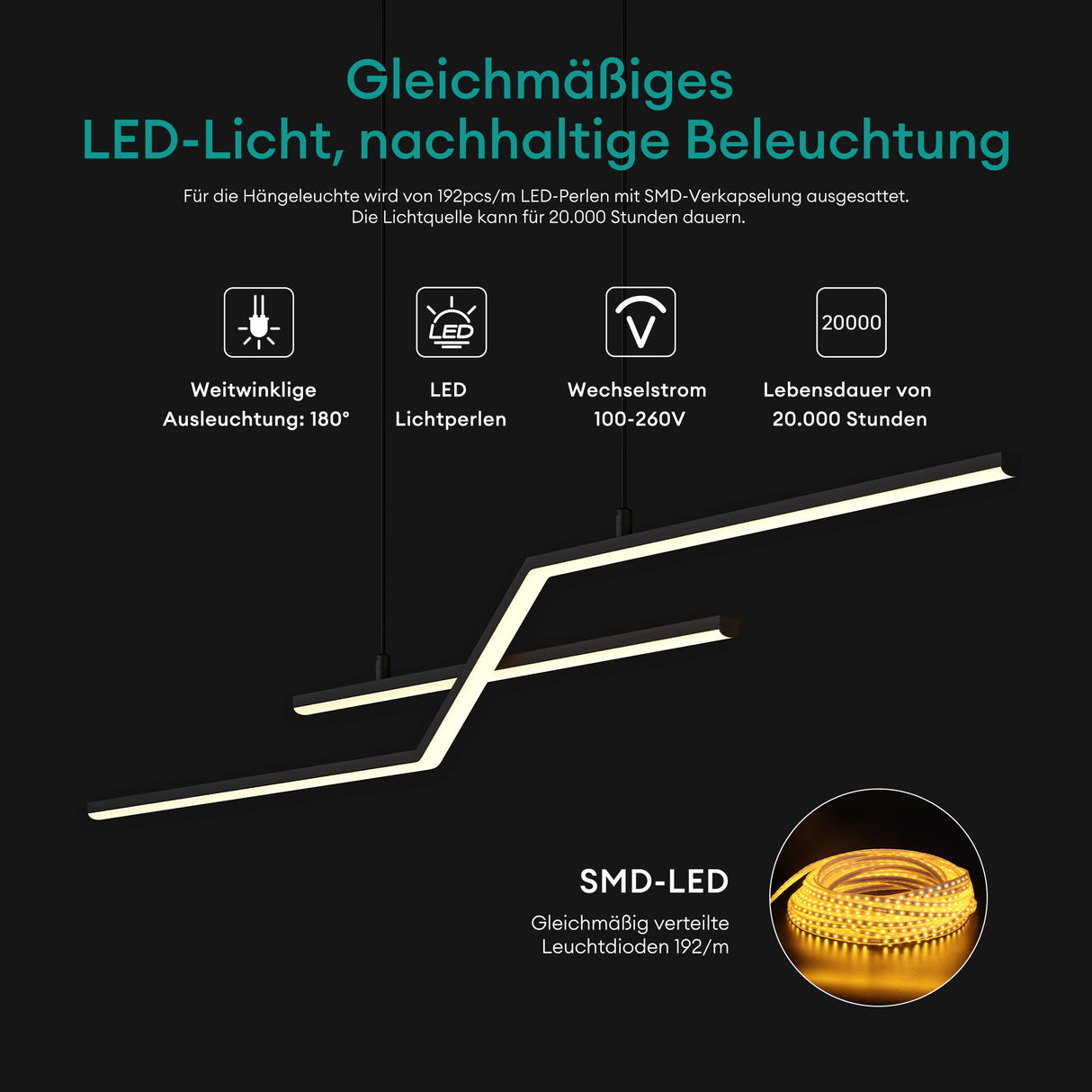 glasvilla Lámpara colgante 105cm LED Lámpara colgante Diseño lineal 3000K/4000K/6000K Cable ajustable 18W Lámpara colgante para comedor sala de estar dormitorio
