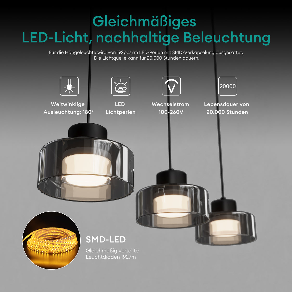 Suspension LED Glasvilla, lampe suspendue, 3000K/4000K/6000K, câble réglable, noir, idéale pour salle à manger, salon ou chambre.