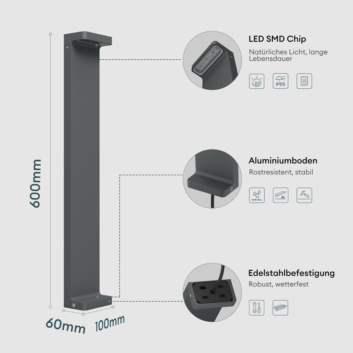 Lampe d'extérieur glasvilla 10x6x60cm IP65 éclairage de chemin extérieur | Borne lumineuse pour jardin, lampadaire 3000K, lampe de jardin | Lampadaire d'extérieur 6W LumaTorch