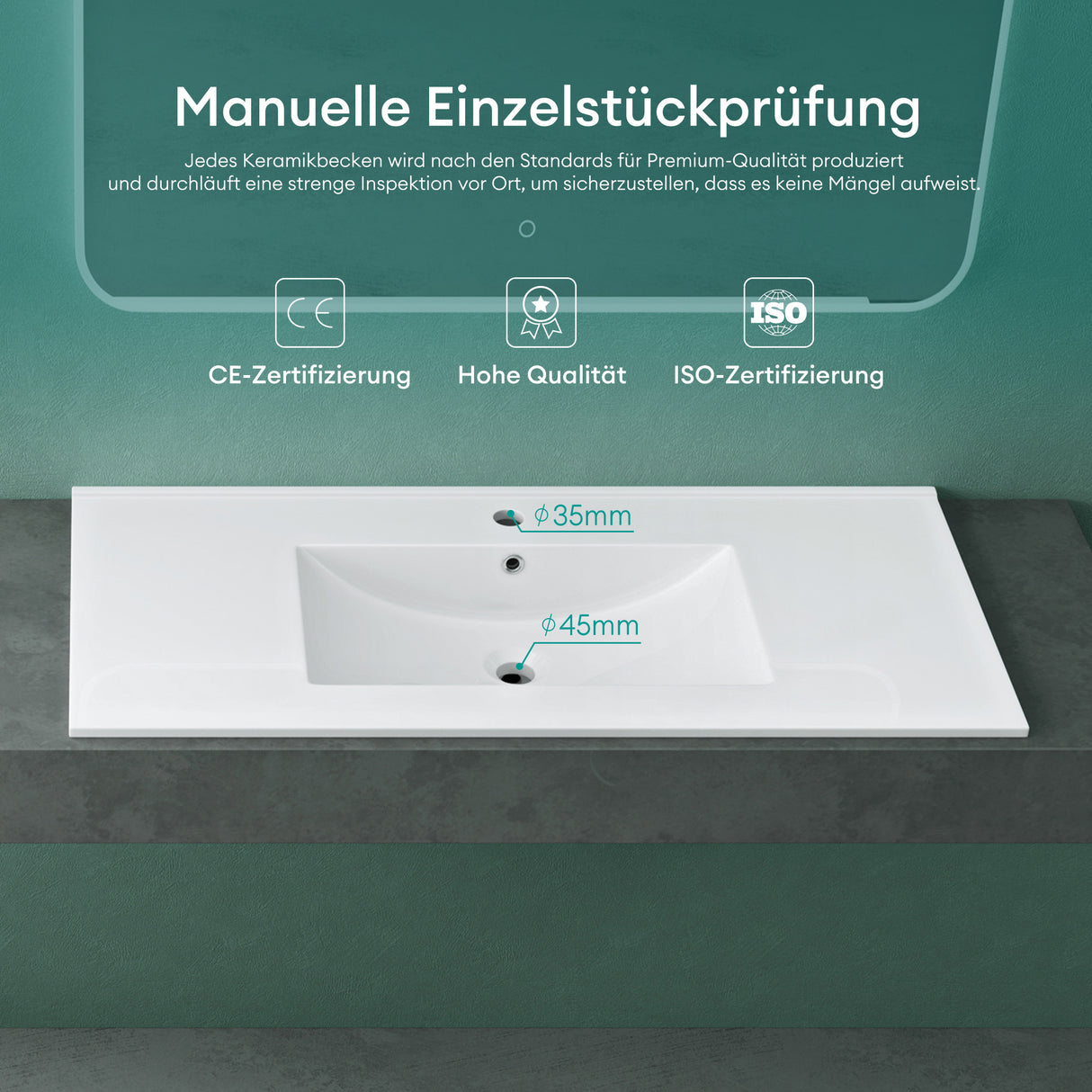 Vasque à encastrer Glasvilla, meuble sous-vasque blanc brillant en céramique avec revêtement nano rectangulaire, Brüssel911