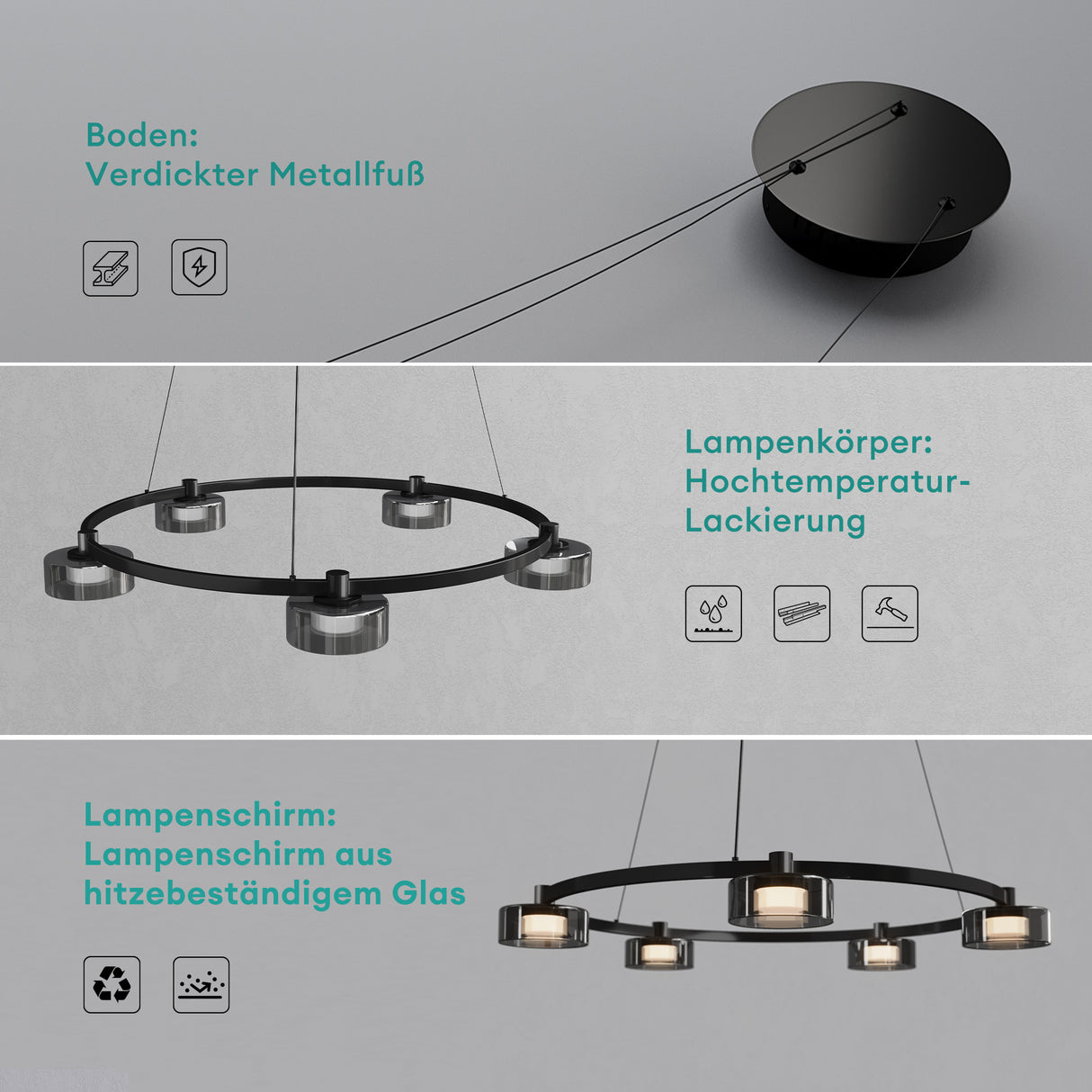 glasvilla Pendelleuchte LED Hängelampe 3000K/4000K/6000K Verstellbares Kabel Schwarz Hängeleuchte für Esszimmer Wohnzimmer Schlafzimmer