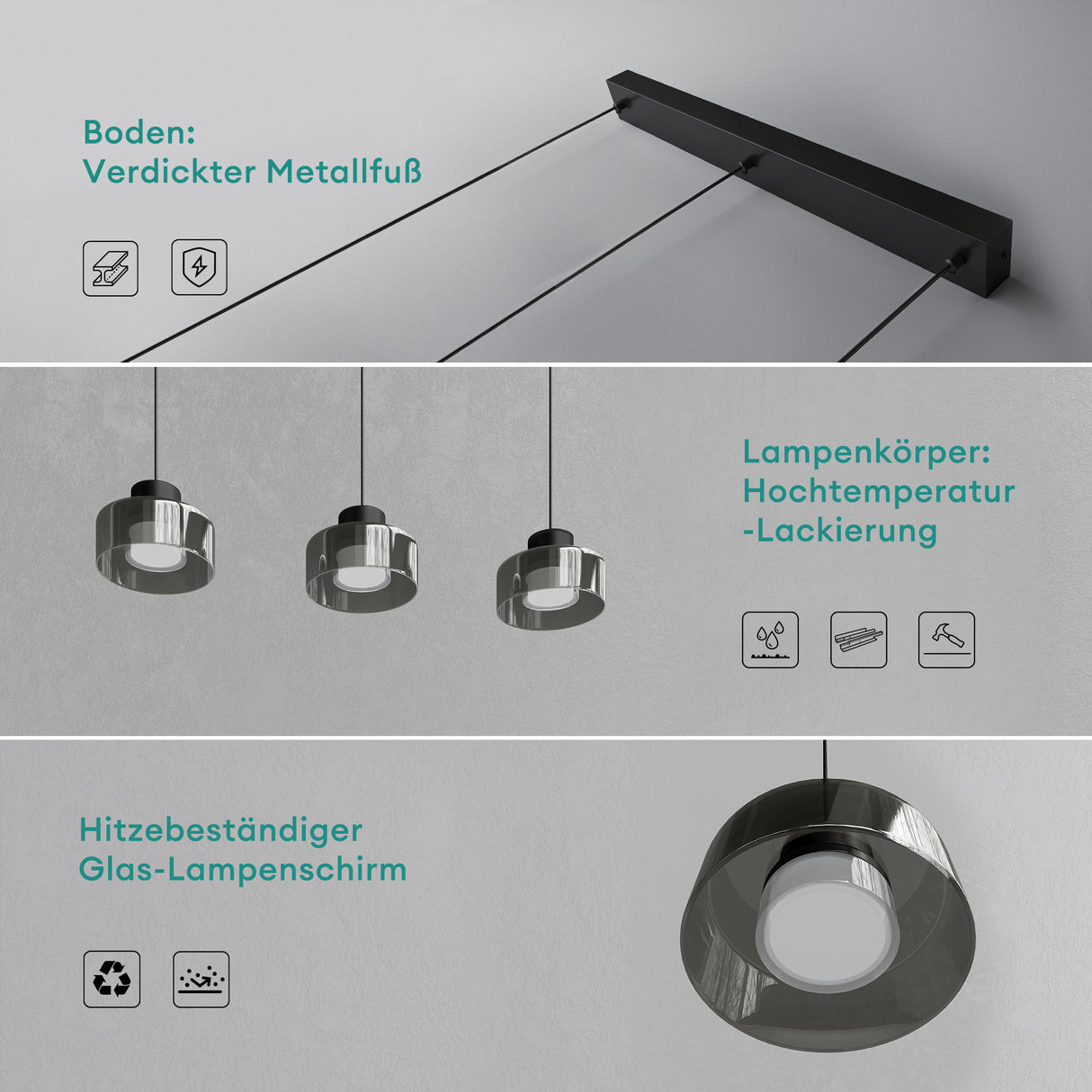 Suspension LED Glasvilla, lampe suspendue, 3000K/4000K/6000K, câble réglable, noir, idéale pour salle à manger, salon ou chambre.