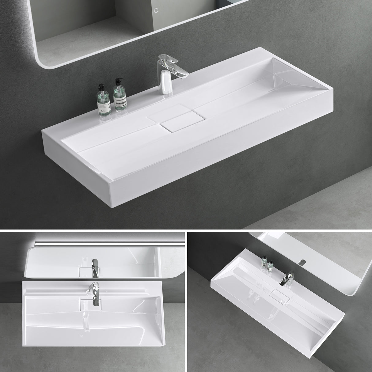 lavabo Glasvilla, lavabo à poser, lavabo suspendu, meuble vasque suspendu avec bonde, en fonte minérale, zone de vasque rectangulaire col19